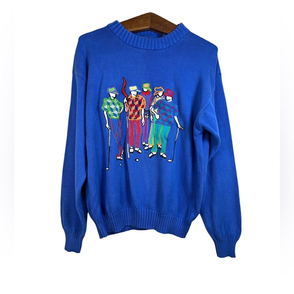 Vintage Pivot 80s Sportswear Golf Knitted Crewneck Blue Embroidered Sweater Sz L